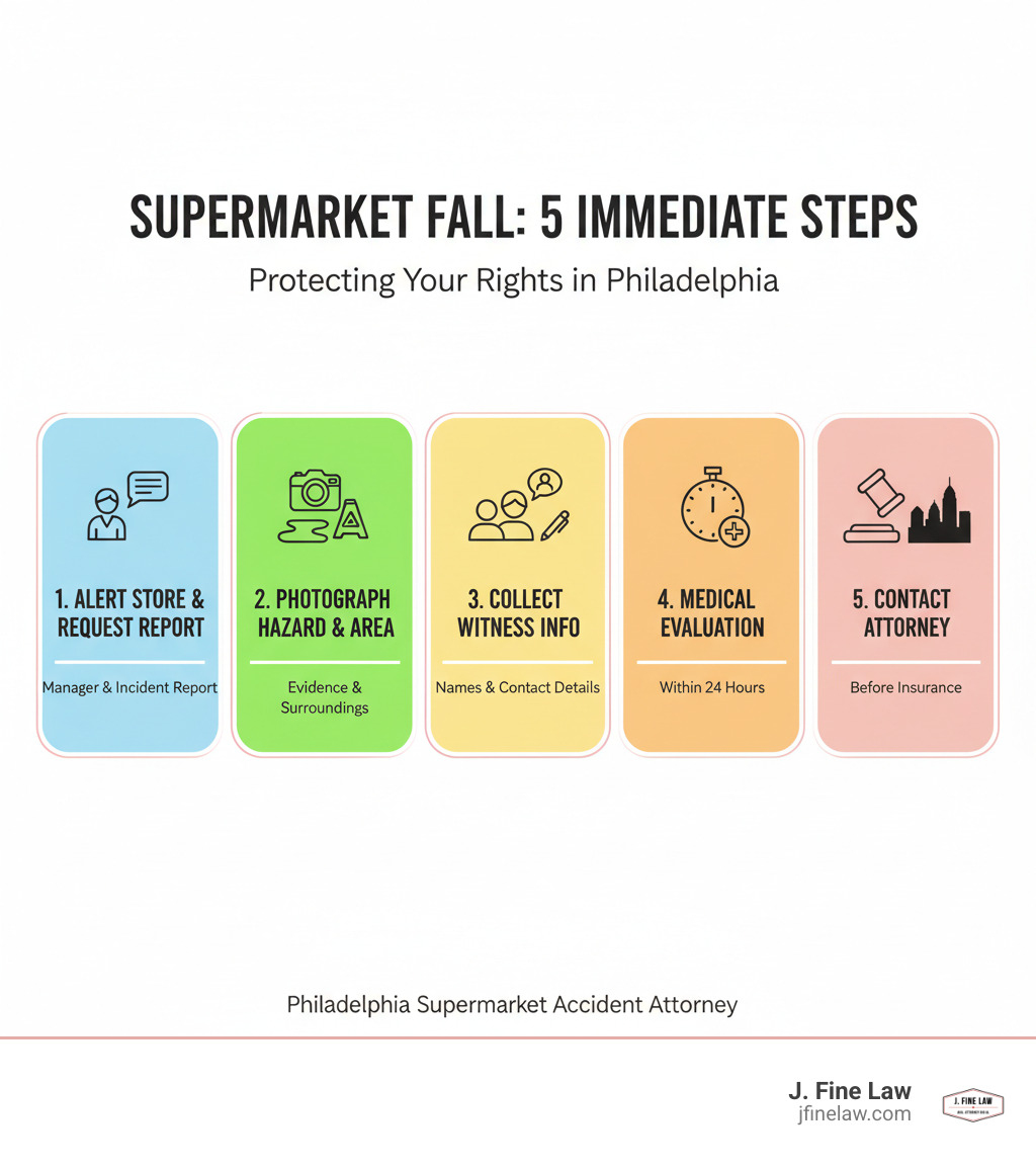 Infographic showing 5 immediate steps after a supermarket fall: 1. Alert store manager and request incident report 2. Photograph the hazard and surrounding area 3. Collect witness names and contact information 4. Get medical evaluation within 24 hours 5. Contact a Philadelphia supermarket accident attorney before speaking to insurance - supermarket accident attorney Philadelphia infographic Infographic showing 5 immediate steps after a supermarket fall: 1. Alert store manager and request incident report 2. Photograph the hazard and surrounding area 3. Collect witness names and contact information 4. Get medical evaluation within 24 hours 5. Contact a Philadelphia supermarket accident attorney before speaking to insurance - supermarket accident attorney Philadelphia infographic