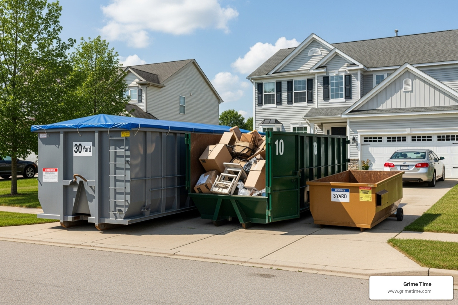 Different sized residential dumpsters in a driveway - residential junk removal Different sized residential dumpsters in a driveway - residential junk removal