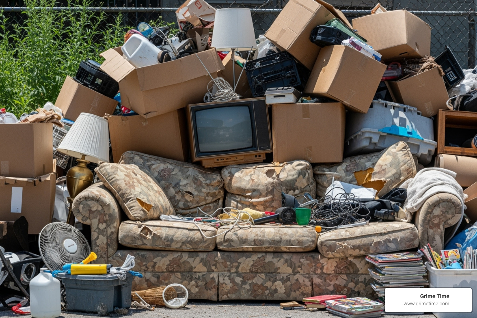 Pile of common junk items including old furniture, boxes, and an old TV - residential junk removal Pile of common junk items including old furniture, boxes, and an old TV - residential junk removal