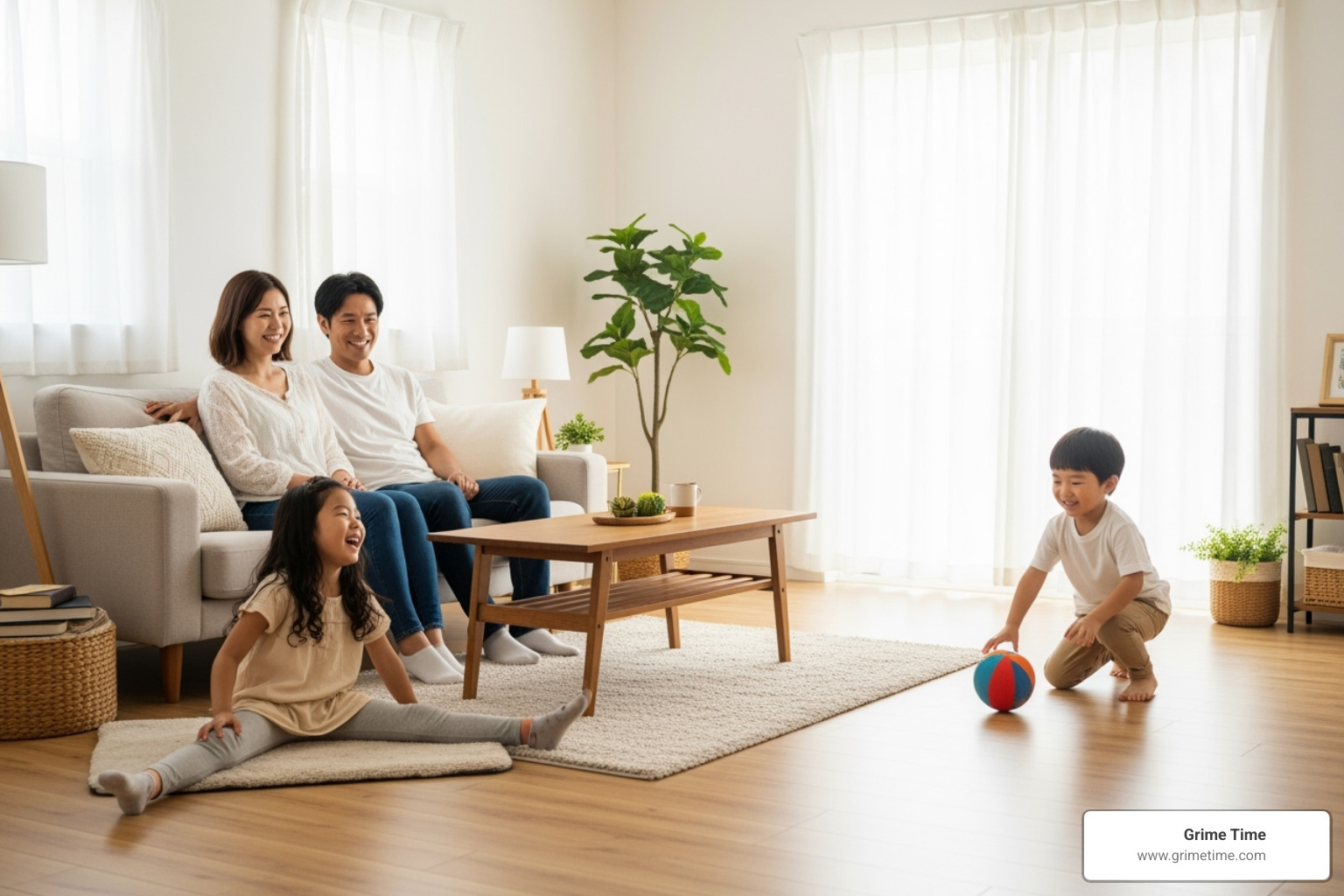 Family enjoying a newly decluttered space - residential junk removal Family enjoying a newly decluttered space - residential junk removal
