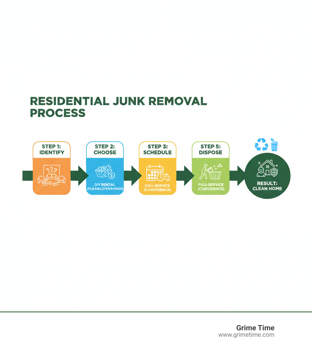 Infographic showing the residential junk removal process: Step 1 - Identify unwanted items in your cluttered space. Step 2 - Choose your removal method (DIY dumpster rental for flexibility and cost savings, or full-service removal for convenience). Step 3 - Schedule delivery or pickup with Grime Time. Step 4 - Load items safely (yourself or with professional help). Step 5 - Responsible disposal through recycling and proper waste management. Result - Clean, organized home with improved safety and peace of mind. - residential junk removal infographic Infographic showing the residential junk removal process: Step 1 - Identify unwanted items in your cluttered space. Step 2 - Choose your removal method (DIY dumpster rental for flexibility and cost savings, or full-service removal for convenience). Step 3 - Schedule delivery or pickup with Grime Time. Step 4 - Load items safely (yourself or with professional help). Step 5 - Responsible disposal through recycling and proper waste management. Result - Clean, organized home with improved safety and peace of mind. - residential junk removal infographic