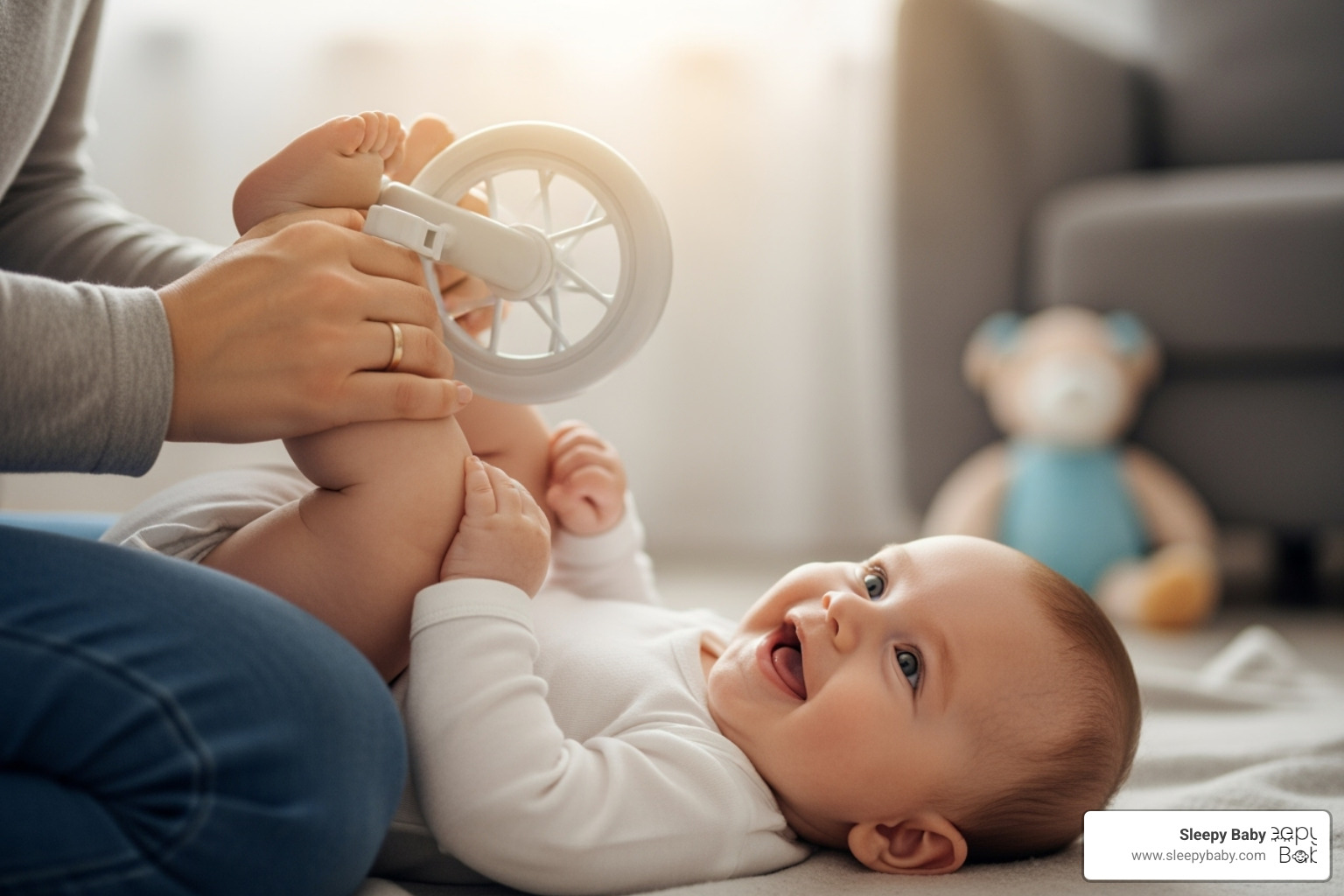 A parent gently bicycling their baby's legs to help with gas relief, with the baby smiling. - gripe water for fussy babies