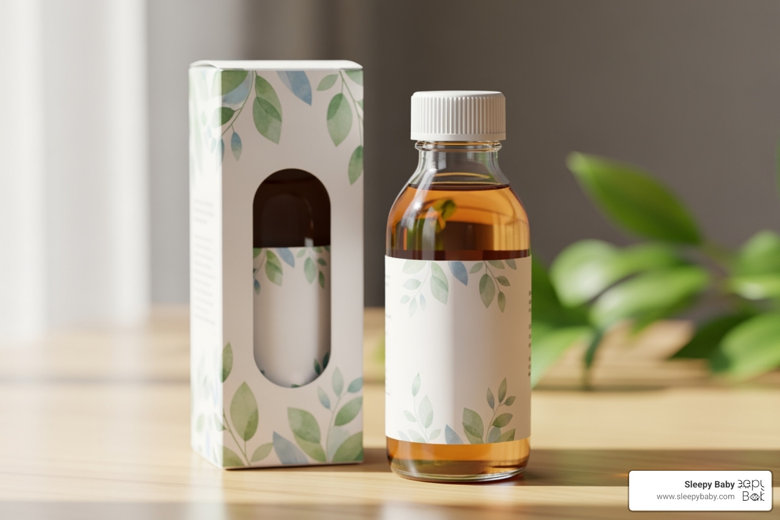 A modern, alcohol-free gripe water bottle next to its packaging, clearly labeled with "alcohol-free" and "natural ingredients." - gripe water for fussy babies