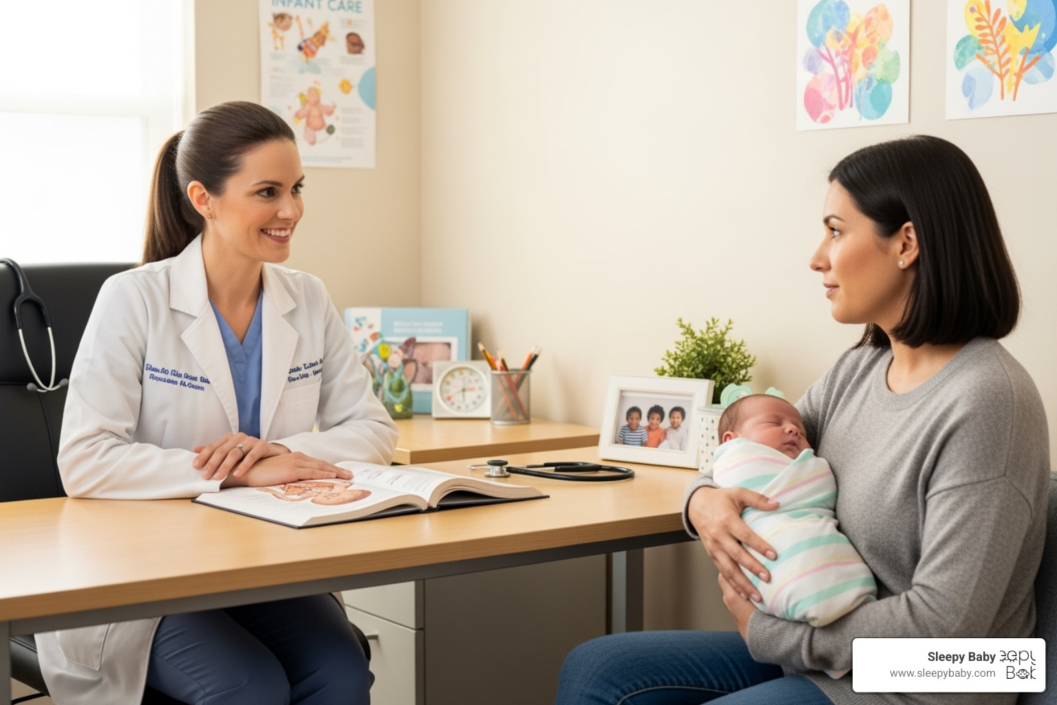 A pediatrician kindly explaining something to a new parent, who is holding a baby. The pediatrician looks reassuring, while the parent looks attentive. - gripe water for fussy babies