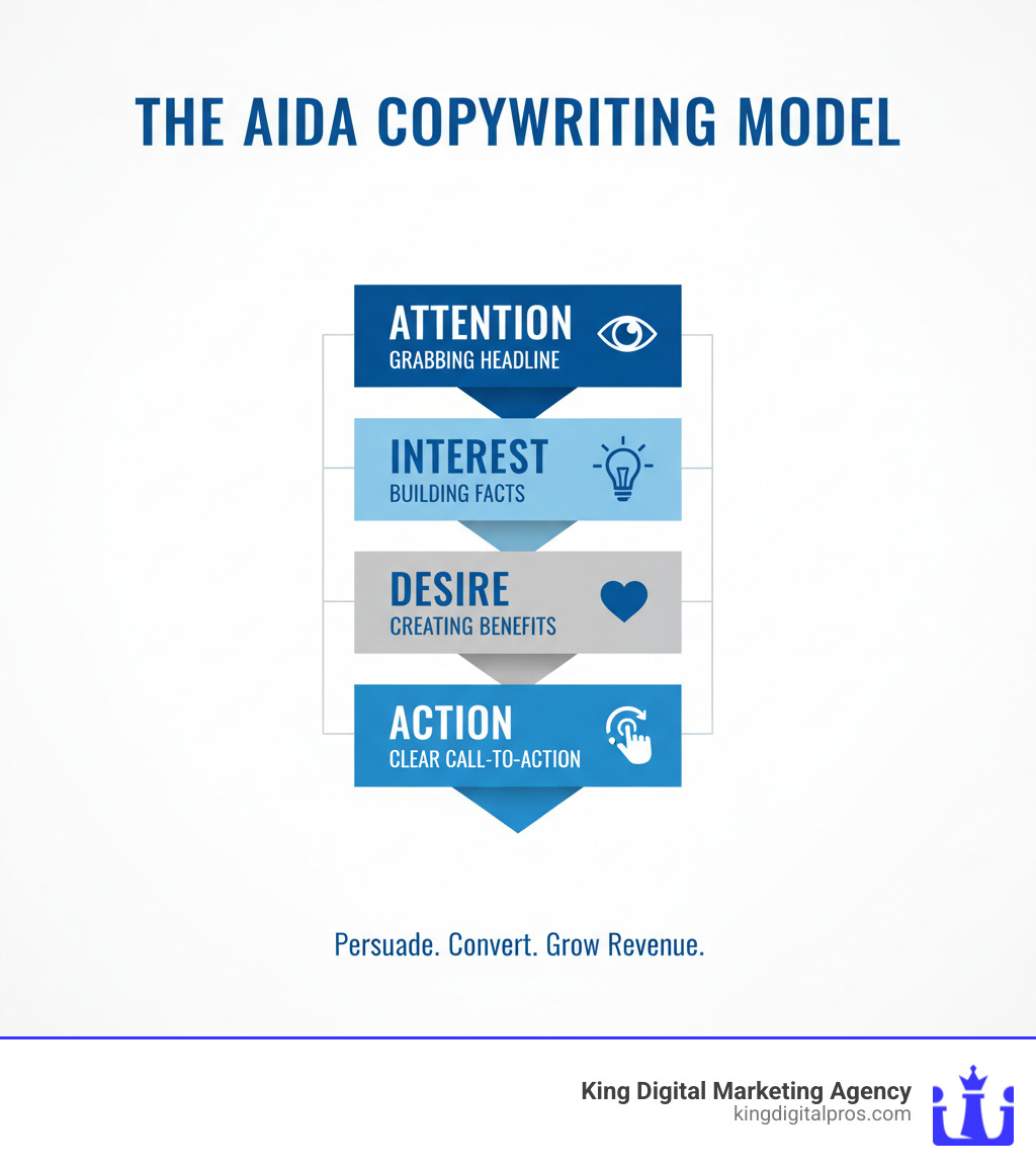 Infographic showing the AIDA copywriting model - Attention grabbing headline, Interest building facts, Desire creating benefits, and Action with clear call-to-action - Copywriting Services infographic Infographic showing the AIDA copywriting model - Attention grabbing headline, Interest building facts, Desire creating benefits, and Action with clear call-to-action - Copywriting Services infographic
