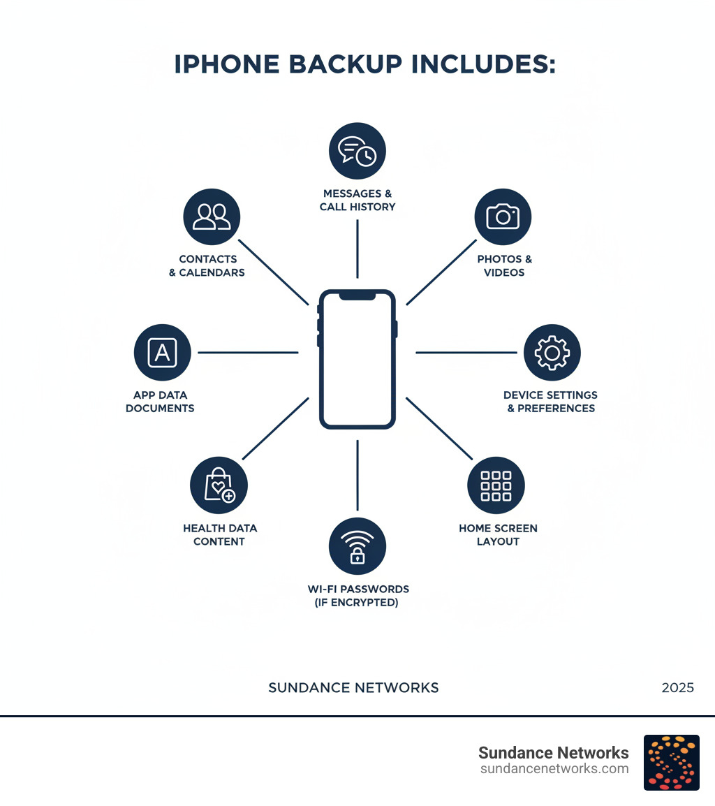 Infographic showing what data is included in an iPhone backup: contacts and calendars, messages and call history, photos and videos, app data and documents, device settings and preferences, home screen layout, Wi-Fi passwords if encrypted, health data if encrypted, and purchased content from iTunes and App Store - restore old backup infographic Infographic showing what data is included in an iPhone backup: contacts and calendars, messages and call history, photos and videos, app data and documents, device settings and preferences, home screen layout, Wi-Fi passwords if encrypted, health data if encrypted, and purchased content from iTunes and App Store - restore old backup infographic