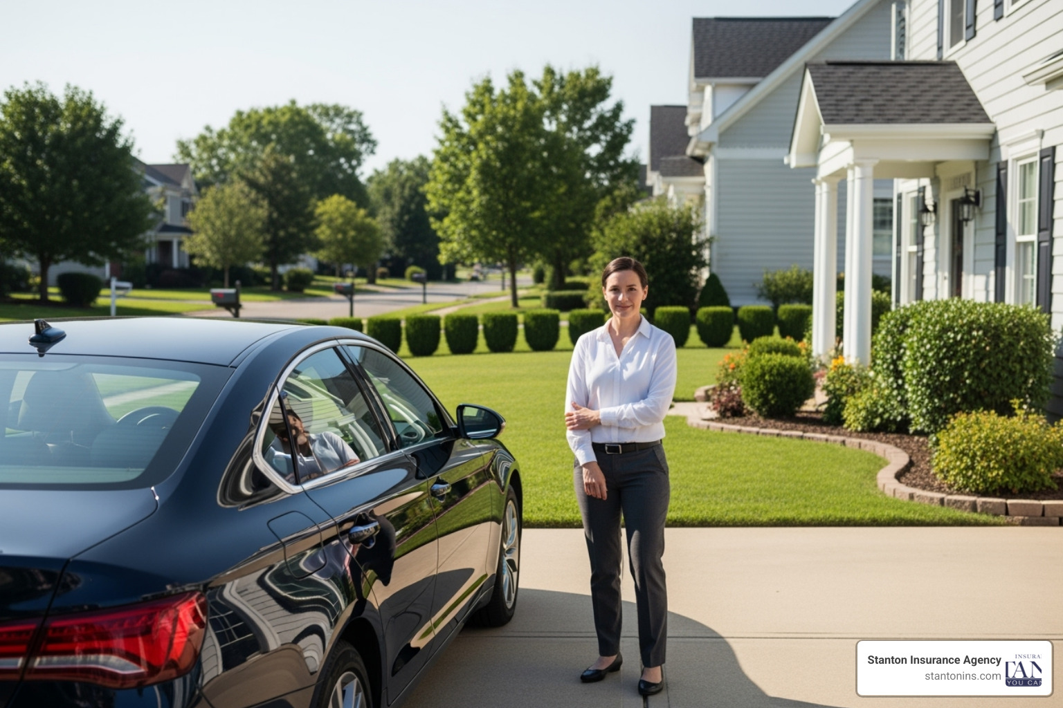 person standing between their car and their home, illustrating the protection of assets - car insurance liability limits