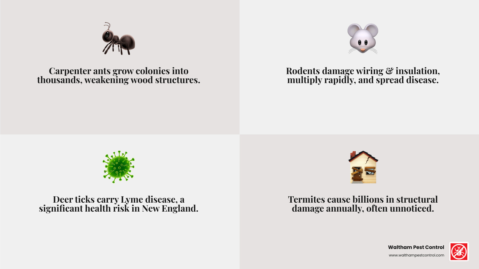 infographic showing top 5 common pests in Middlesex County Massachusetts including carpenter ants termites mice deer ticks and wasps with their peak activity seasons spring through fall - exterminator in dracut ma infographic 4_facts_emoji_grey