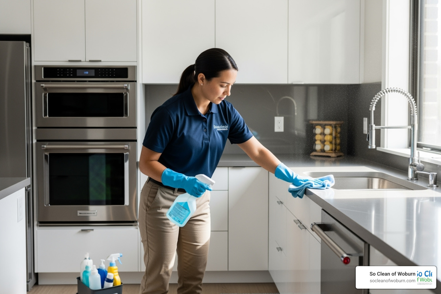 cleaner carefully cleaning a modern kitchen - maid service Lincoln MA cleaner carefully cleaning a modern kitchen - maid service Lincoln MA