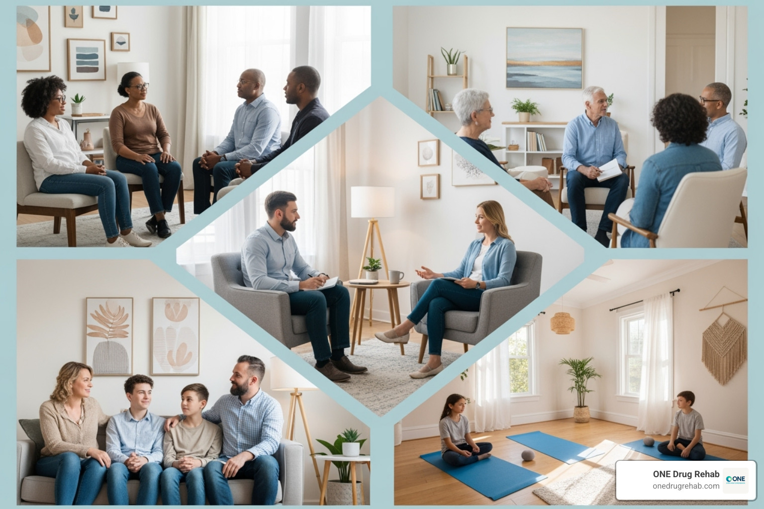 collage showing different therapy settings - addiction therapy methods collage showing different therapy settings - addiction therapy methods