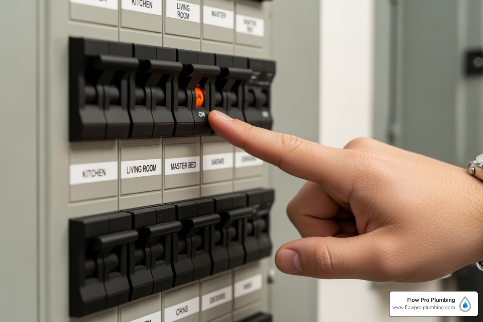 home's circuit breaker panel with a finger pointing to a switch - tankless water heater problems home's circuit breaker panel with a finger pointing to a switch - tankless water heater problems