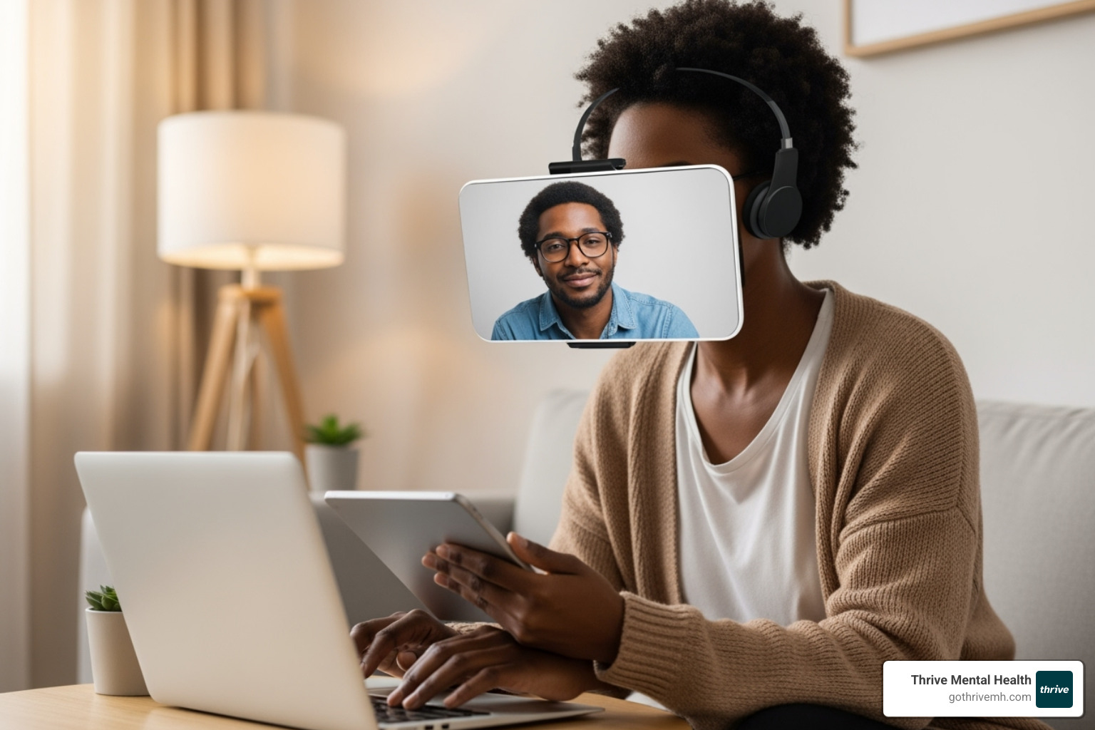 Adult in virtual therapy session, engaged and supported - emotional distress