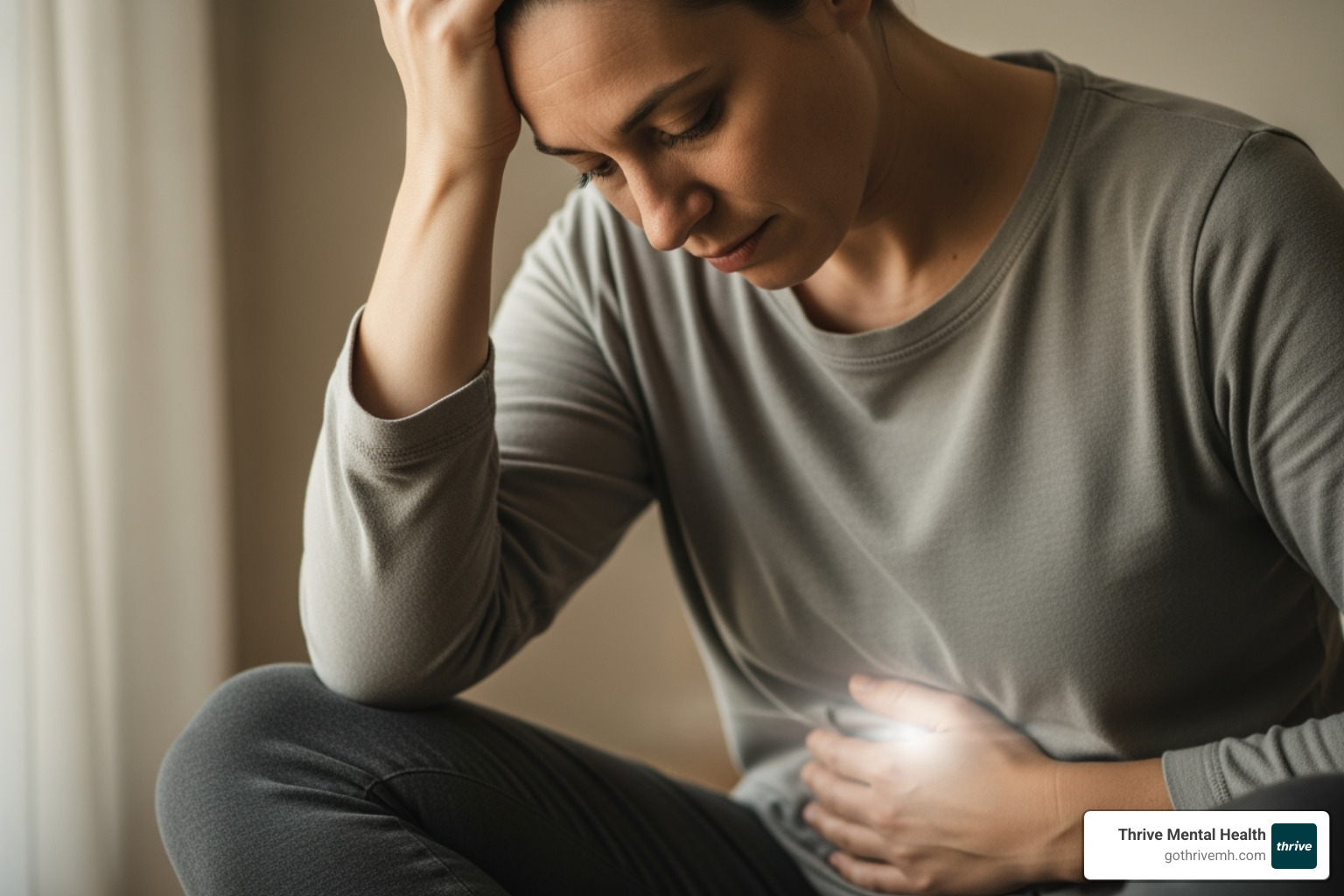 Person holding their head, stomach highlighted—showing mind-body link - emotional distress