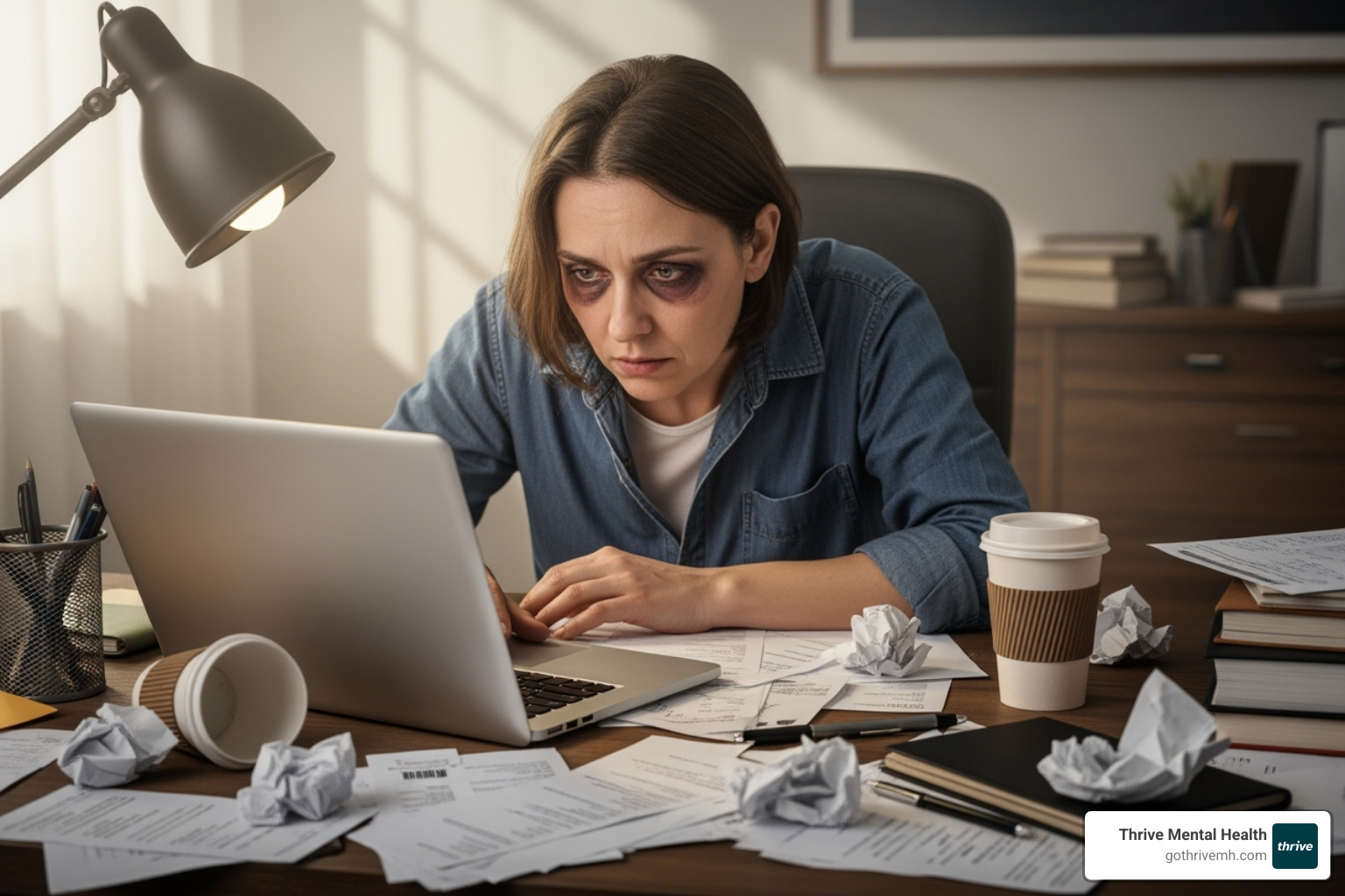 Burned-out adult at laptop, surrounded by bills and empty coffee cups - emotional distress