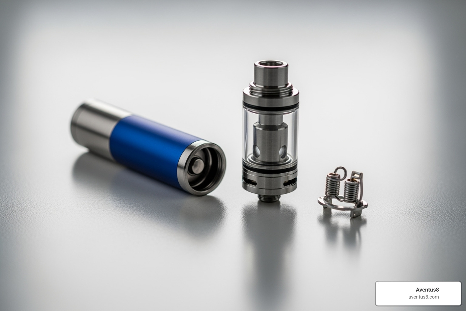Aventus8 vape pen disassembled showing battery, tank, and coil - Long lasting vape