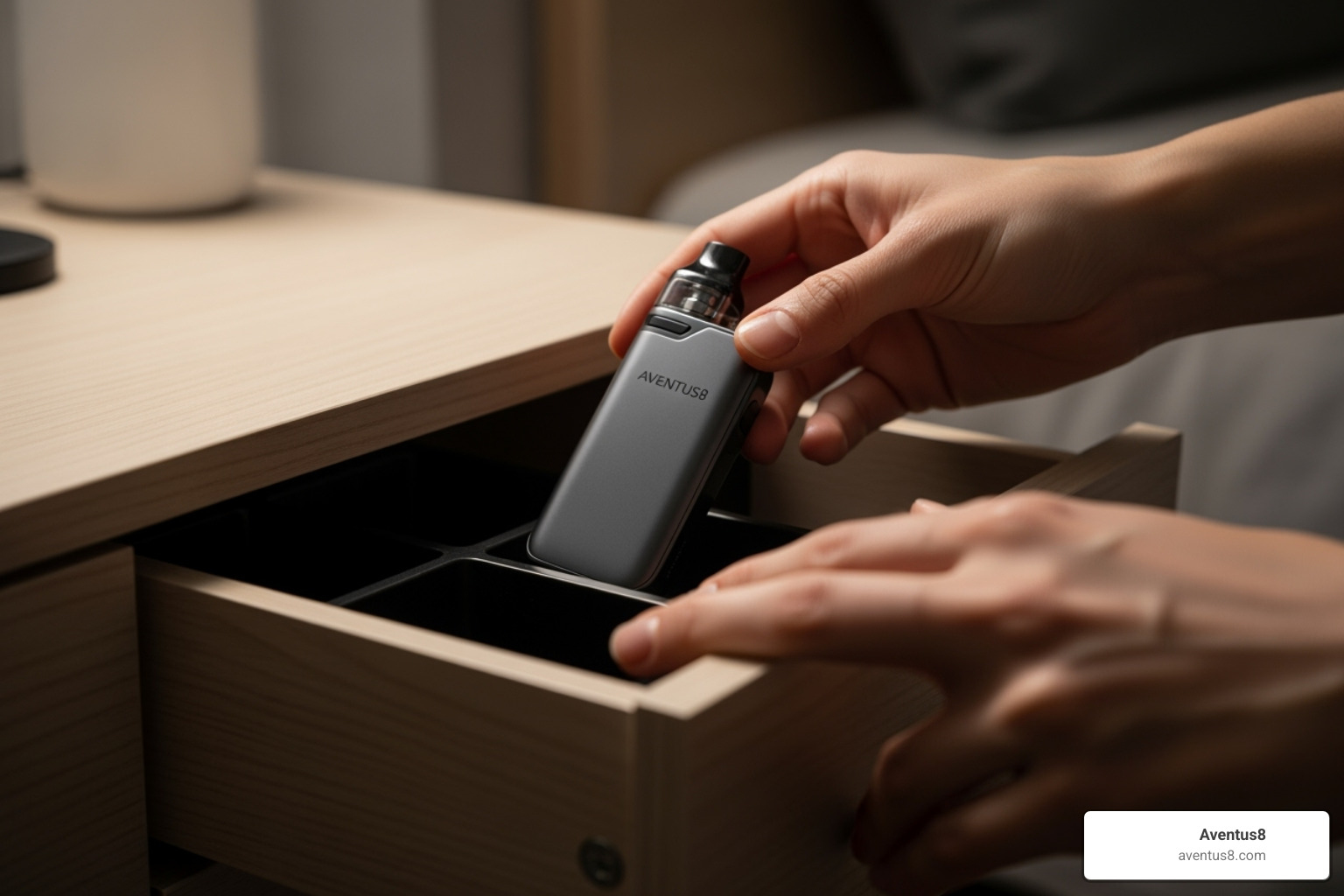 Person properly storing Aventus8 vape in cool, dry place - Long lasting vape