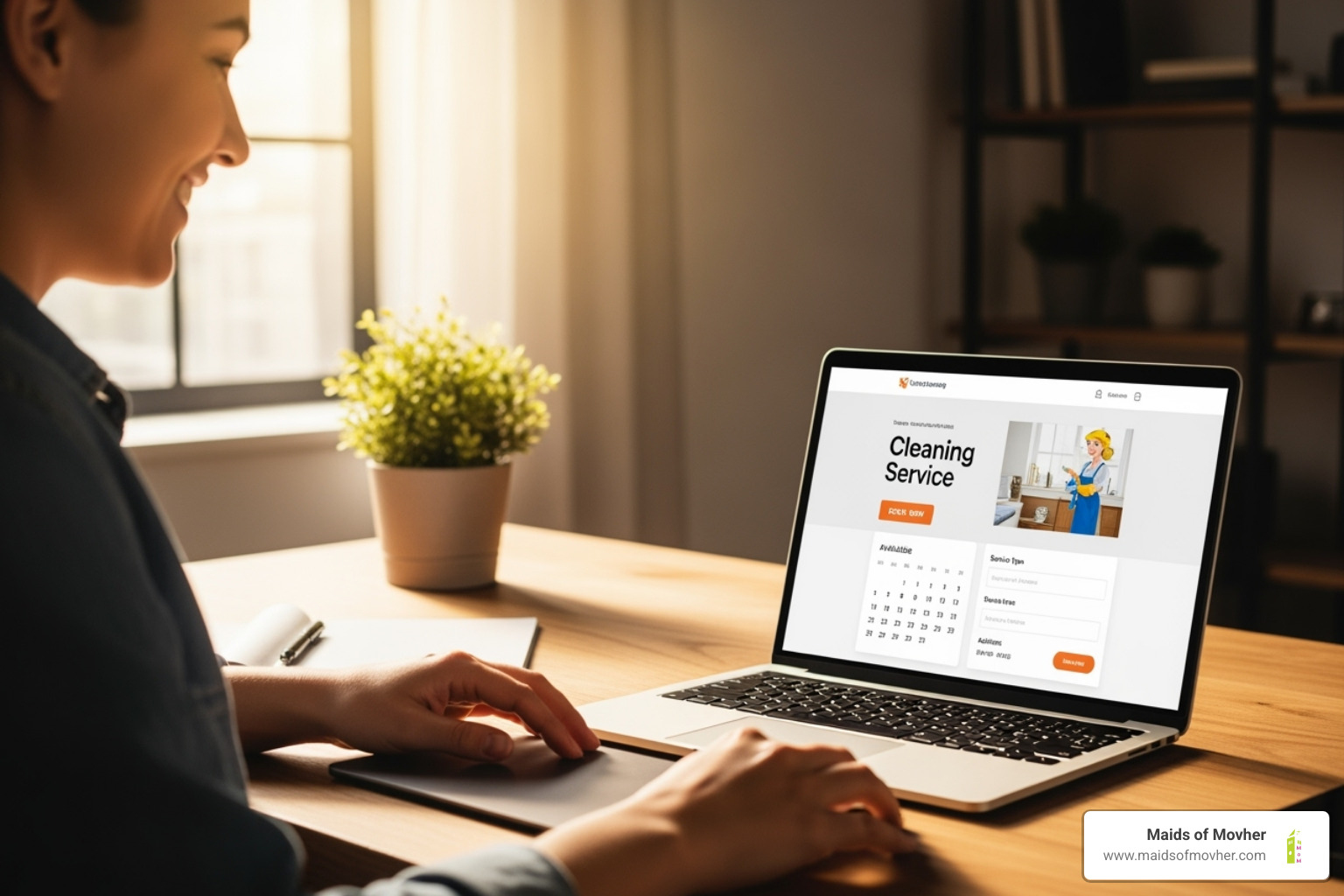 person smiling while easily booking a cleaning service on their laptop - qualified house cleaning washington