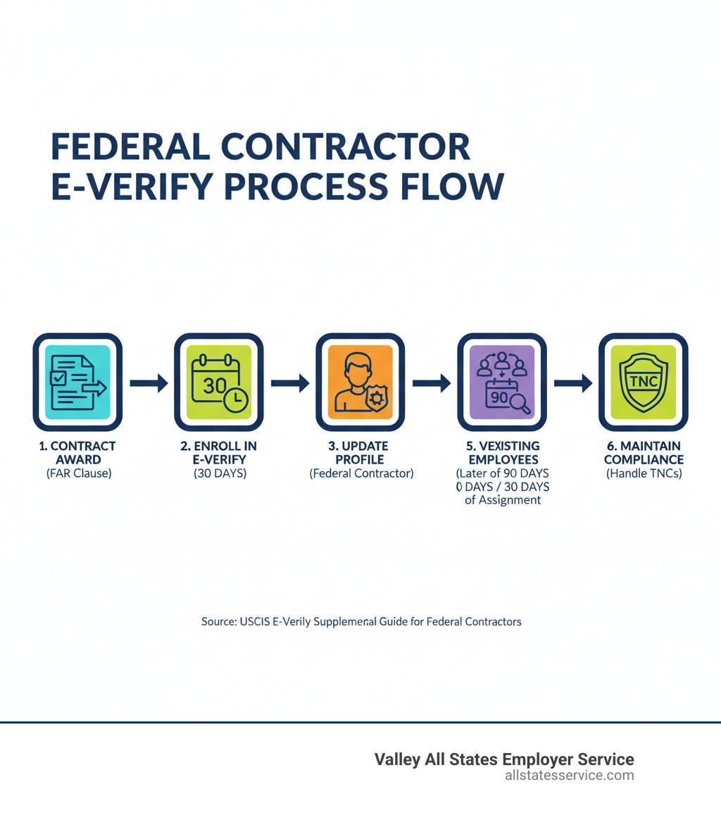 Infographic showing the federal contractor E-Verify process flow: Contract award with FAR E-Verify clause → Enroll in E-Verify within 30 days → Update company profile to Federal Contractor status → Verify new hires within 90 days → Verify existing employees on contract within 90 days or 30 days of assignment (whichever is later) → Maintain ongoing compliance and handle TNCs properly - e verify supplemental guide for federal contractors infographic 