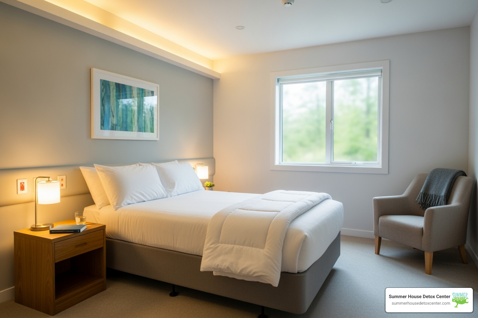 calm, private room in a detox facility with a comfortable bed and soft lighting - how to manage alcohol withdrawal syndrome