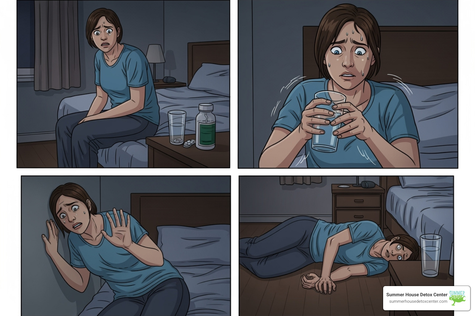 Progression of AWS symptoms over time, showing a person initially anxious, then experiencing tremors, and finally hallucinations or seizures - how to manage alcohol withdrawal syndrome