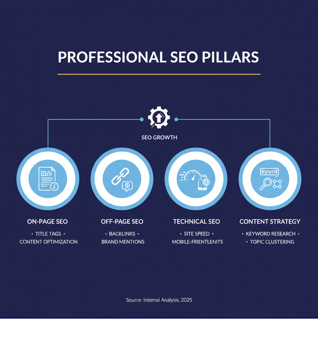 infographic showing the four core pillars of professional SEO: On-Page SEO with elements like title tags and content optimization, Off-Page SEO featuring backlinks and brand mentions, Technical SEO including site speed and mobile-friendliness, and Content Strategy covering keyword research and topic clustering - Professional SEO tools infographic 