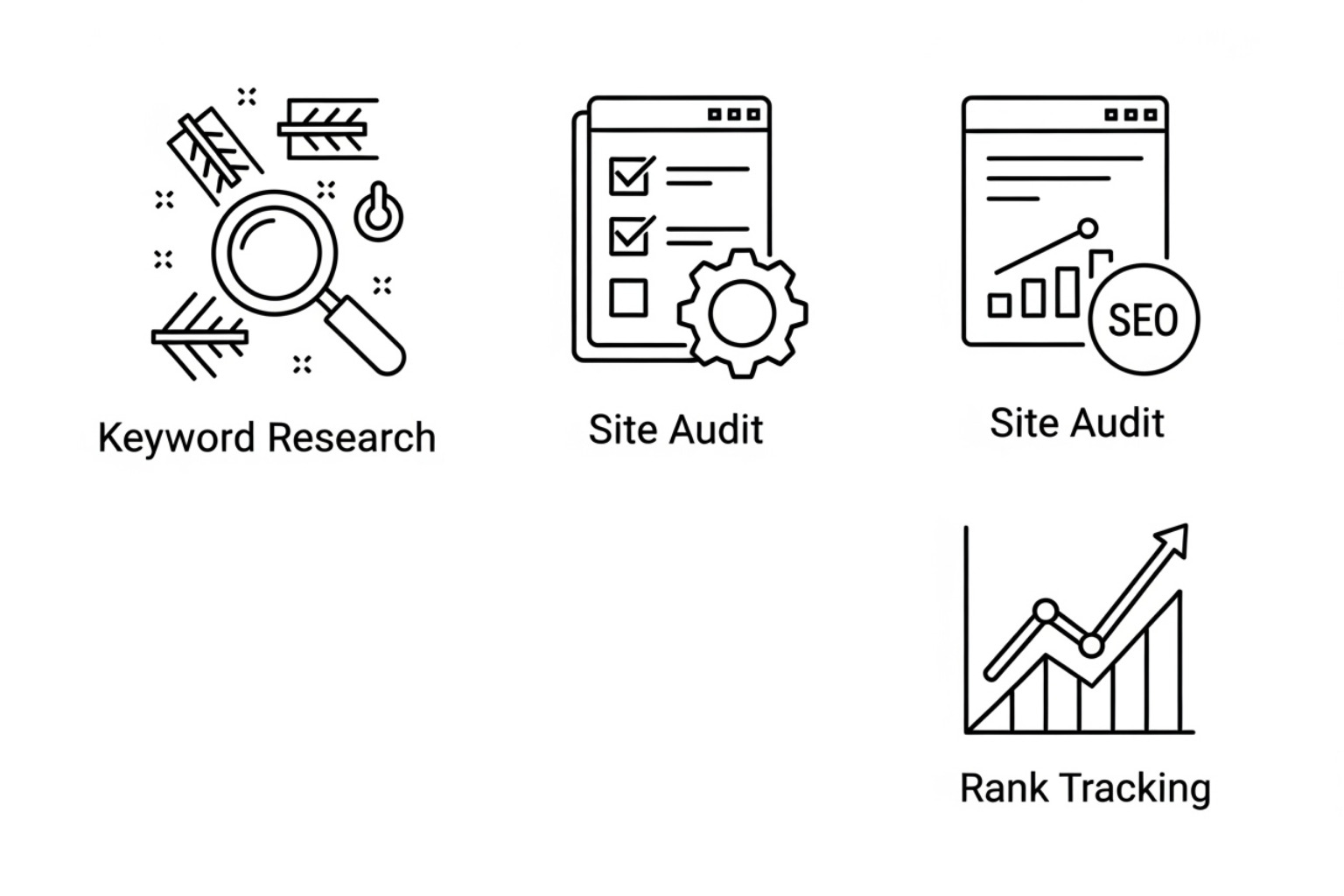 icons representing different SEO tool categories like keyword research, site audit, and rank tracking - Professional SEO tools