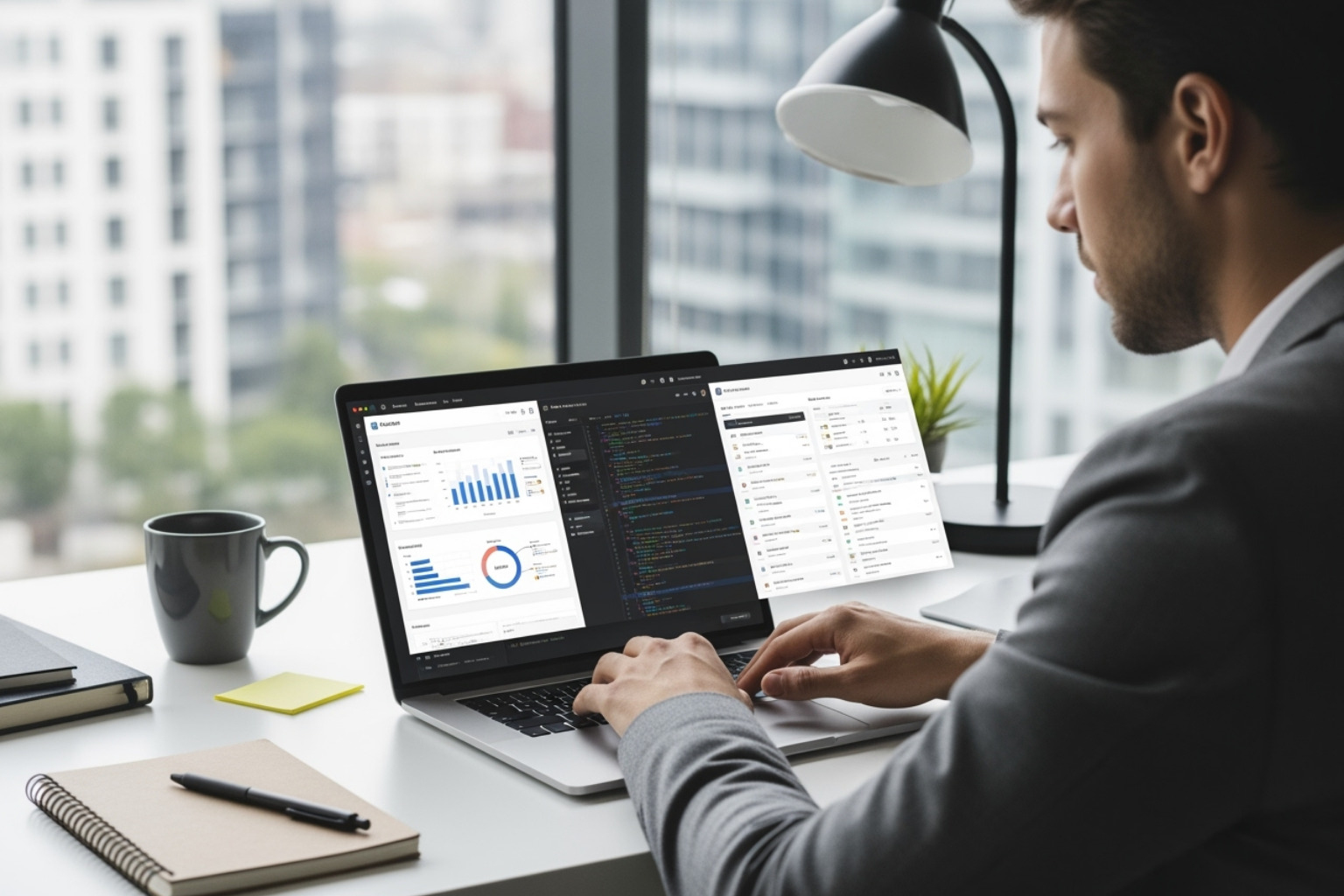 person at a desk comparing different software options on a laptop - Professional SEO tools