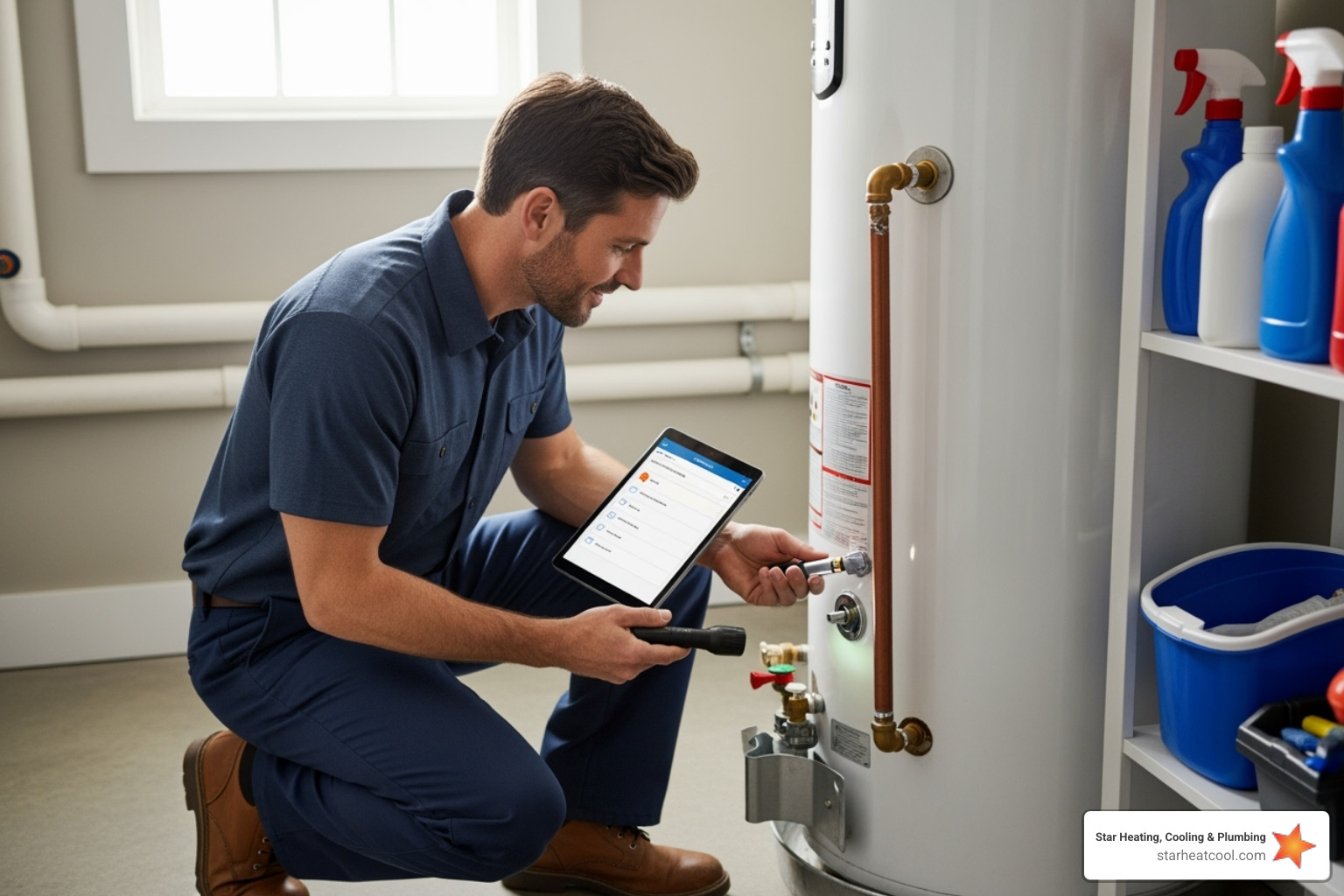 plumber inspecting a water heater with a checklist - plumbing inspection in noblesville in