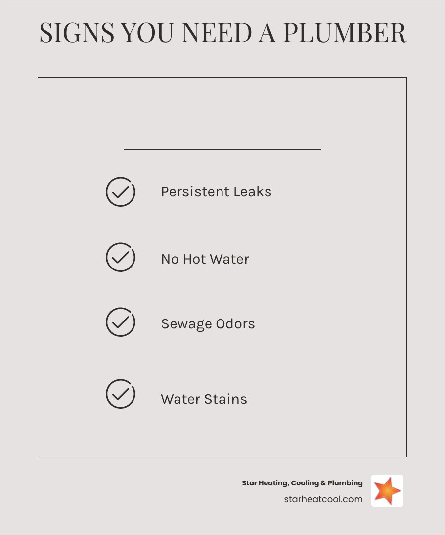 Infographic showing key indicators you need a certified plumber: persistent leaks, low water pressure, slow drains, no hot water, gurgling sounds from drains, visible pipe corrosion, sewage odors, and water stains on walls or ceilings - certified plumbing technician in fishers in infographic checklist-light-beige Infographic showing key indicators you need a certified plumber: persistent leaks, low water pressure, slow drains, no hot water, gurgling sounds from drains, visible pipe corrosion, sewage odors, and water stains on walls or ceilings - certified plumbing technician in fishers in infographic checklist-light-beige