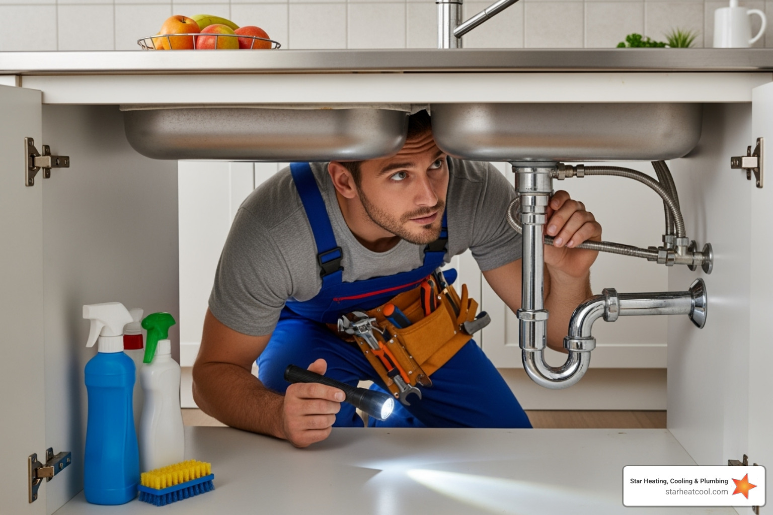 A plumber inspecting pipes under a sink - best plumbing company in arcadia in