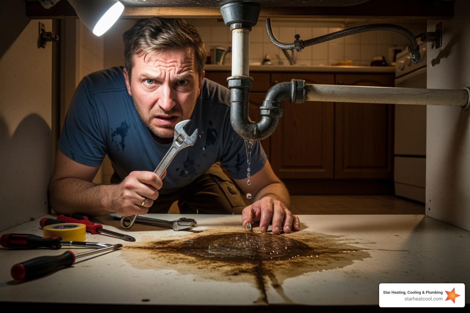 A frustrated homeowner with a wrench next to a leaking pipe - best plumbing company in arcadia in