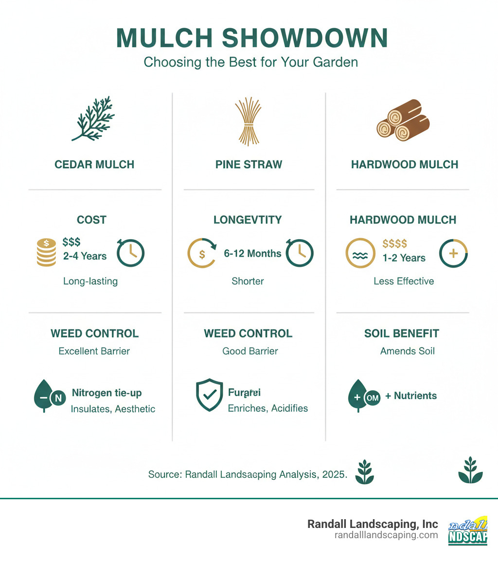comparison of Cedar Mulch vs. Pine Straw vs. Hardwood Mulch on key factors like Cost, Longevity, Weed Control, and Soil Benefit - cedar mulch for garden beds infographic comparison of Cedar Mulch vs. Pine Straw vs. Hardwood Mulch on key factors like Cost, Longevity, Weed Control, and Soil Benefit - cedar mulch for garden beds infographic