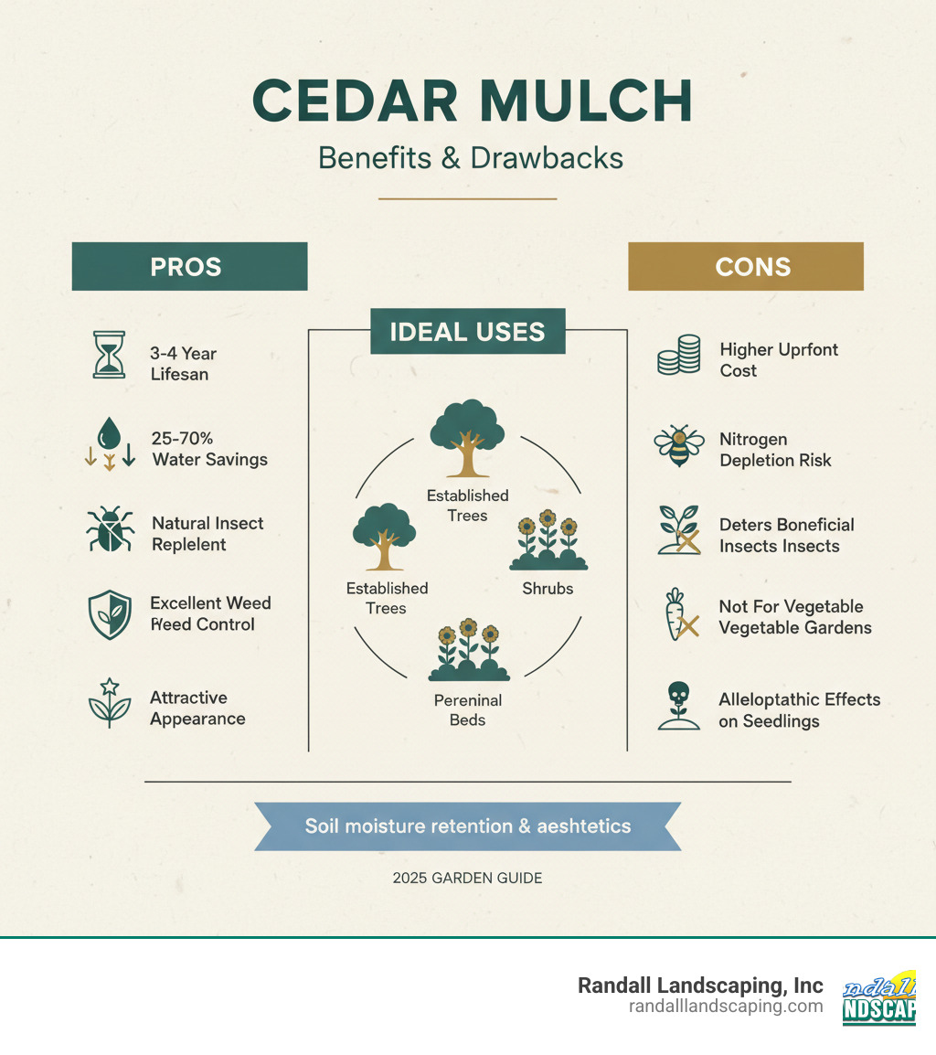 Infographic showing cedar mulch benefits and drawbacks: Left side lists pros including 3-4 year lifespan, 25-70% water savings, natural insect repellent, excellent weed control, and attractive appearance. Right side shows cons including higher cost, nitrogen depletion risk, deters beneficial insects, not for vegetable gardens, and allelopathic effects on seedlings. Center shows ideal uses for established trees, shrubs, and perennial beds - cedar mulch for garden beds infographic Infographic showing cedar mulch benefits and drawbacks: Left side lists pros including 3-4 year lifespan, 25-70% water savings, natural insect repellent, excellent weed control, and attractive appearance. Right side shows cons including higher cost, nitrogen depletion risk, deters beneficial insects, not for vegetable gardens, and allelopathic effects on seedlings. Center shows ideal uses for established trees, shrubs, and perennial beds - cedar mulch for garden beds infographic
