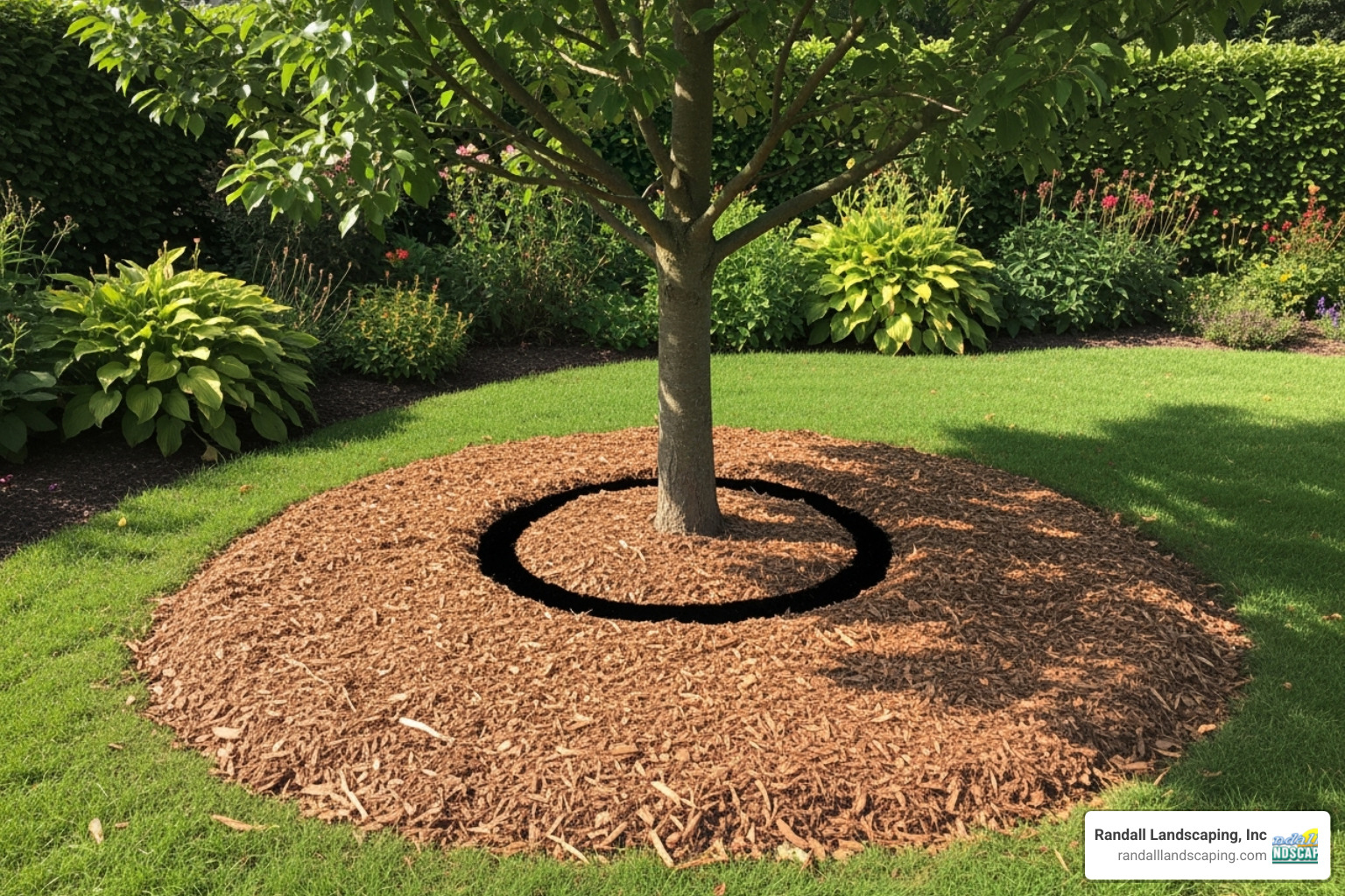 demonstrating the "donut" method of mulching around a tree, avoiding a "mulch volcano" - cedar mulch for garden beds demonstrating the "donut" method of mulching around a tree, avoiding a "mulch volcano" - cedar mulch for garden beds