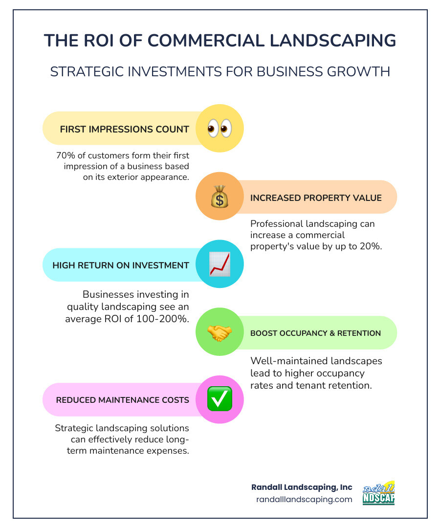 Infographic showing the ROI of commercial landscaping services: 70% of customers judge businesses by exterior appearance, professional landscaping increases property value by up to 20%, businesses see 100-200% average return on investment, well-maintained landscapes lead to higher occupancy rates and tenant retention, and strategic landscaping reduces long-term maintenance costs - commercial landscaping services infographic infographic-line-5-steps-colors Infographic showing the ROI of commercial landscaping services: 70% of customers judge businesses by exterior appearance, professional landscaping increases property value by up to 20%, businesses see 100-200% average return on investment, well-maintained landscapes lead to higher occupancy rates and tenant retention, and strategic landscaping reduces long-term maintenance costs - commercial landscaping services infographic infographic-line-5-steps-colors