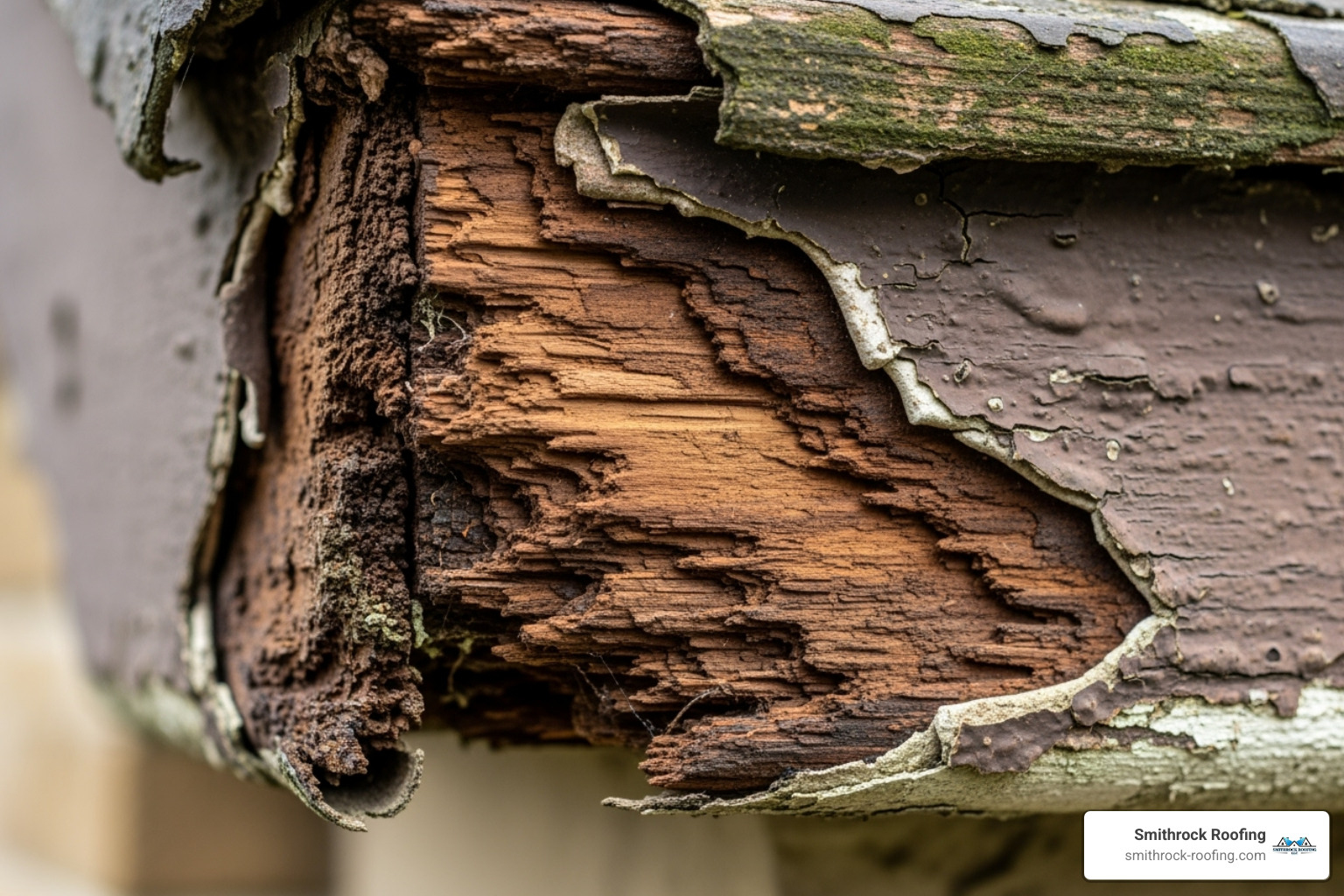 A close-up image of severely rotting wooden fascia board with peeling paint, showing signs of advanced decay and water damage - cost of new fascia soffit and guttering A close-up image of severely rotting wooden fascia board with peeling paint, showing signs of advanced decay and water damage - cost of new fascia soffit and guttering