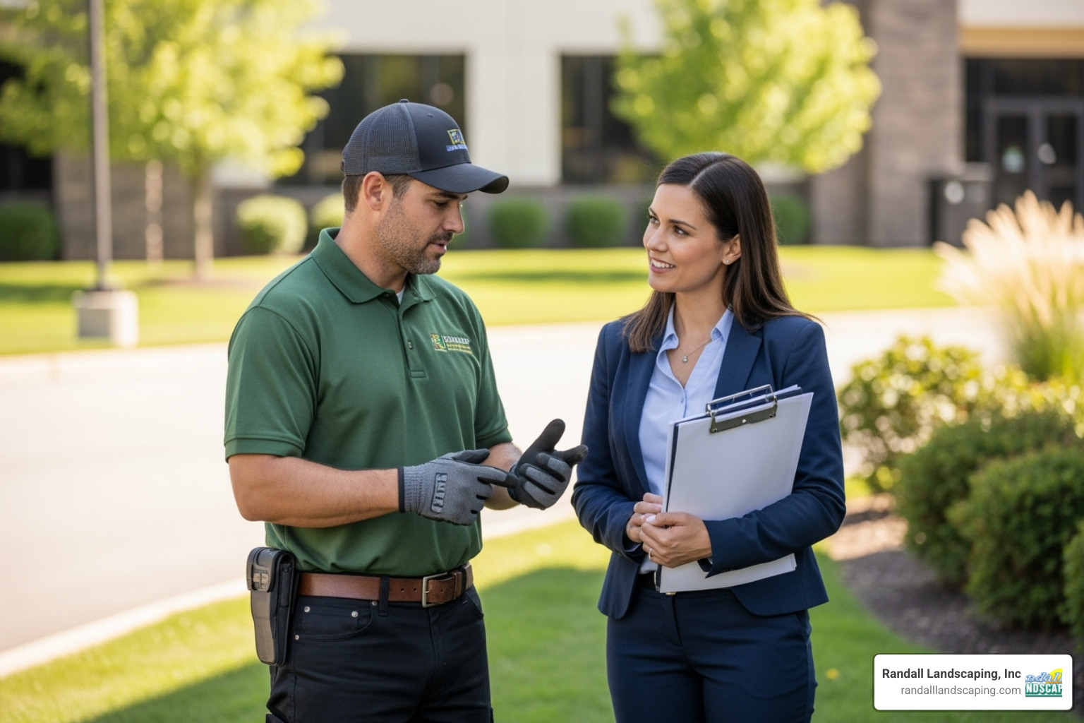 Image of a professional landscaper consulting with a property manager on-site - commercial landscaping services Image of a professional landscaper consulting with a property manager on-site - commercial landscaping services