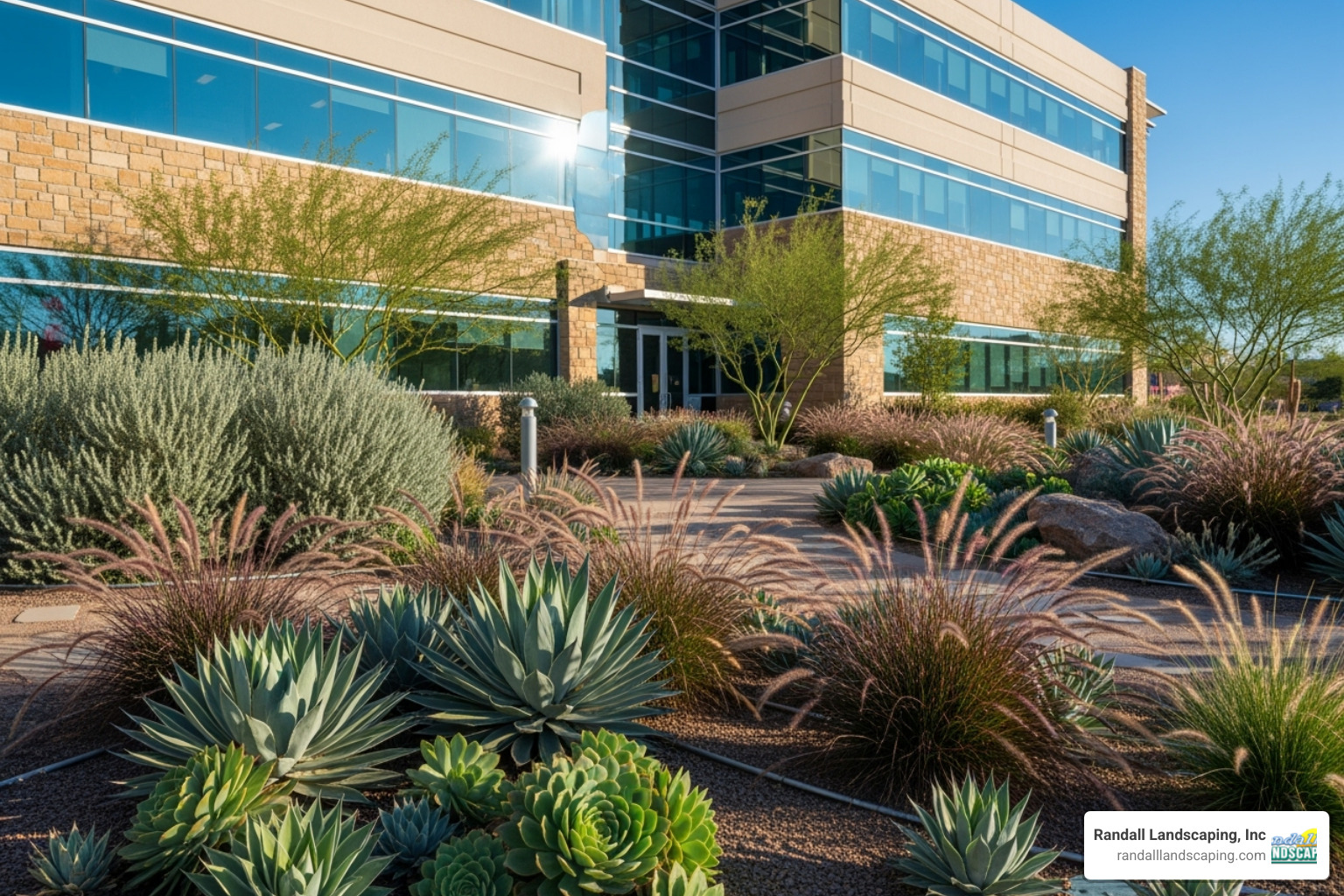 Image of a commercial landscape featuring native, drought-tolerant plants - commercial landscaping services Image of a commercial landscape featuring native, drought-tolerant plants - commercial landscaping services