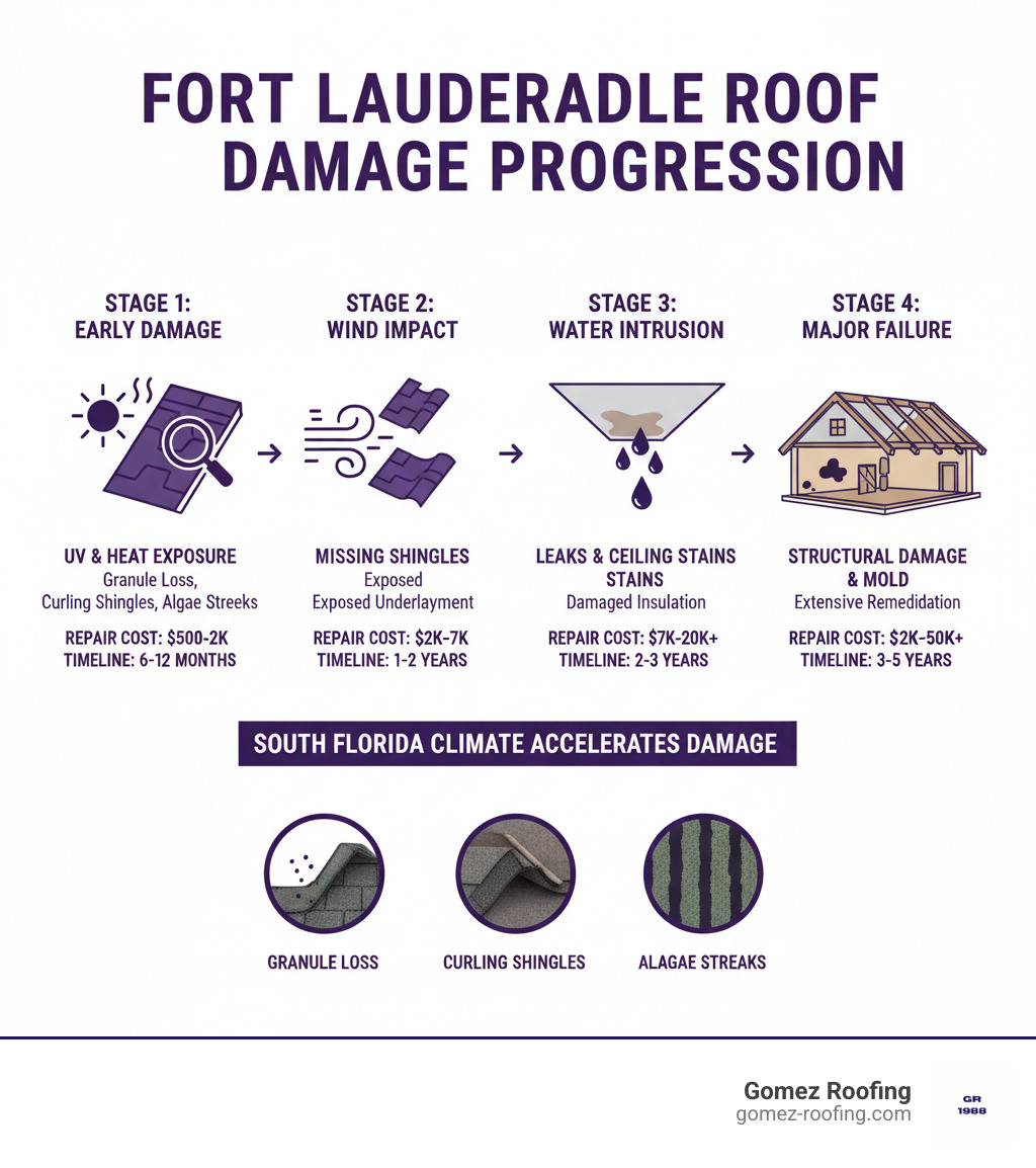 Infographic showing the progression of roof damage in Fort Lauderdale: starting with minor shingle damage from UV exposure and heat, progressing to missing shingles from wind, then water intrusion and ceiling stains, and finally major structural damage and mold growth. Includes timeline showing how quickly damage escalates in South Florida's climate, typical repair costs at each stage, and visual indicators homeowners should watch for like granule loss, curling shingles, and algae streaks. - asphalt roof repair service fort lauderdale fl infographic Infographic showing the progression of roof damage in Fort Lauderdale: starting with minor shingle damage from UV exposure and heat, progressing to missing shingles from wind, then water intrusion and ceiling stains, and finally major structural damage and mold growth. Includes timeline showing how quickly damage escalates in South Florida's climate, typical repair costs at each stage, and visual indicators homeowners should watch for like granule loss, curling shingles, and algae streaks. - asphalt roof repair service fort lauderdale fl infographic