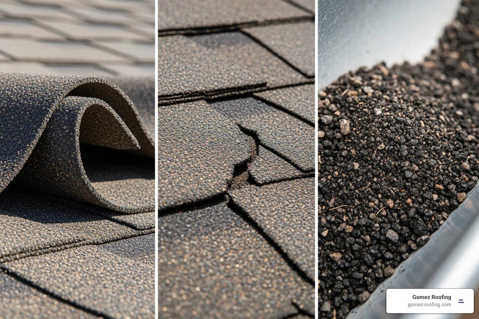 gallery showing close-ups of curling shingles, cracked shingles, and granules in a gutter - asphalt roof repair service fort lauderdale fl gallery showing close-ups of curling shingles, cracked shingles, and granules in a gutter - asphalt roof repair service fort lauderdale fl