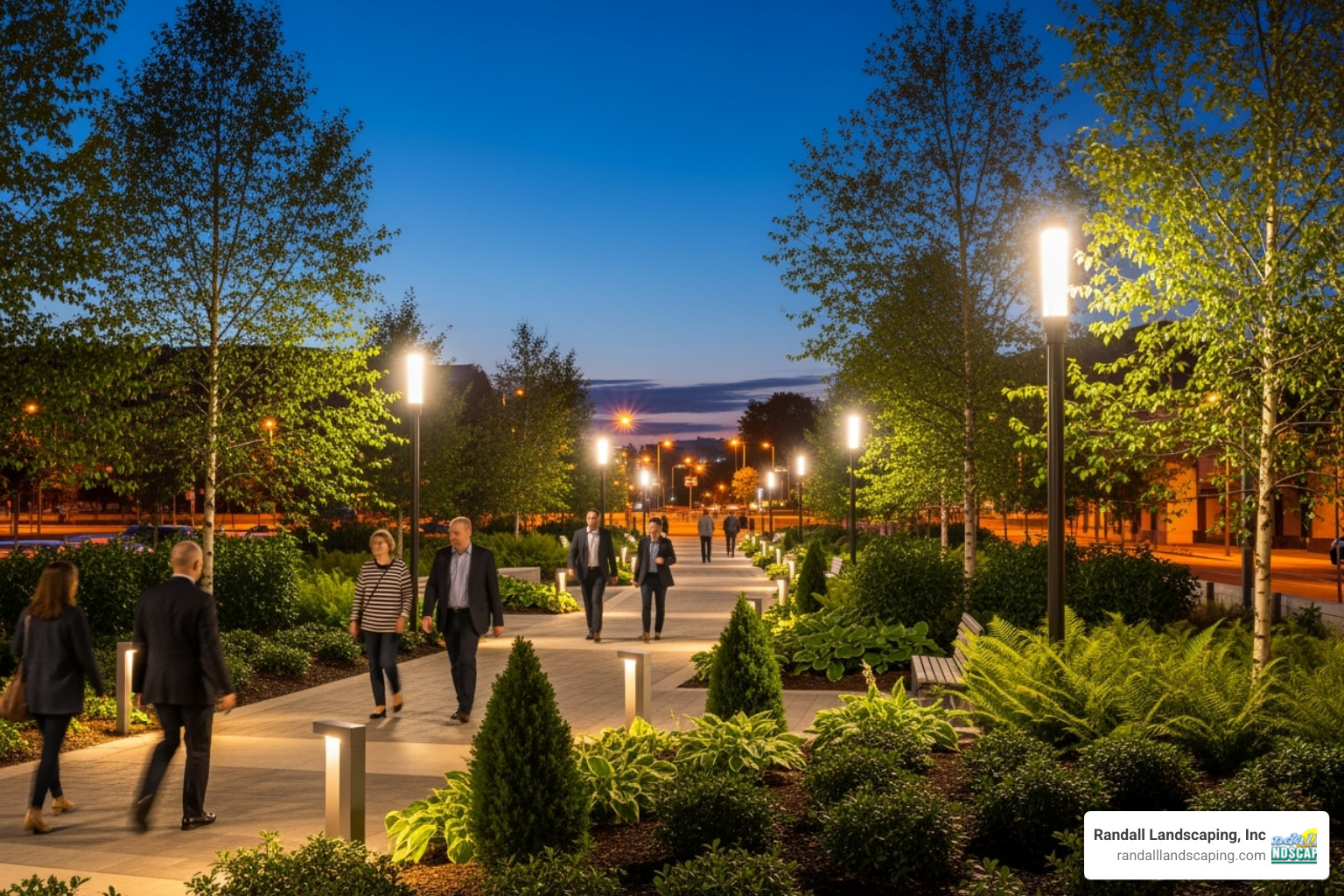 Image of a safe, well-lit commercial walkway bordered by neat landscaping - commercial landscaping services Image of a safe, well-lit commercial walkway bordered by neat landscaping - commercial landscaping services