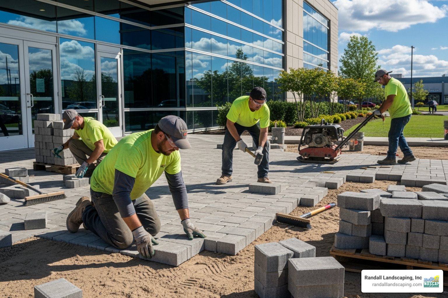 Image of a landscaping crew installing a paver patio at a commercial site - commercial landscaping services Image of a landscaping crew installing a paver patio at a commercial site - commercial landscaping services