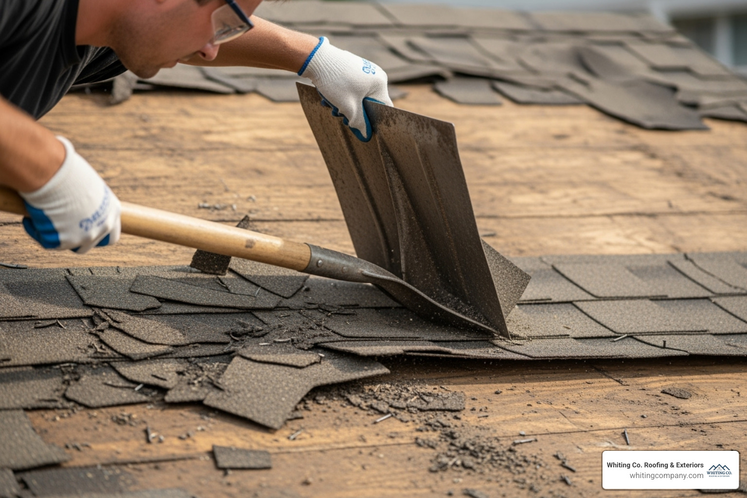 tear-off process using a roof shovel - how to replace a shingle roof