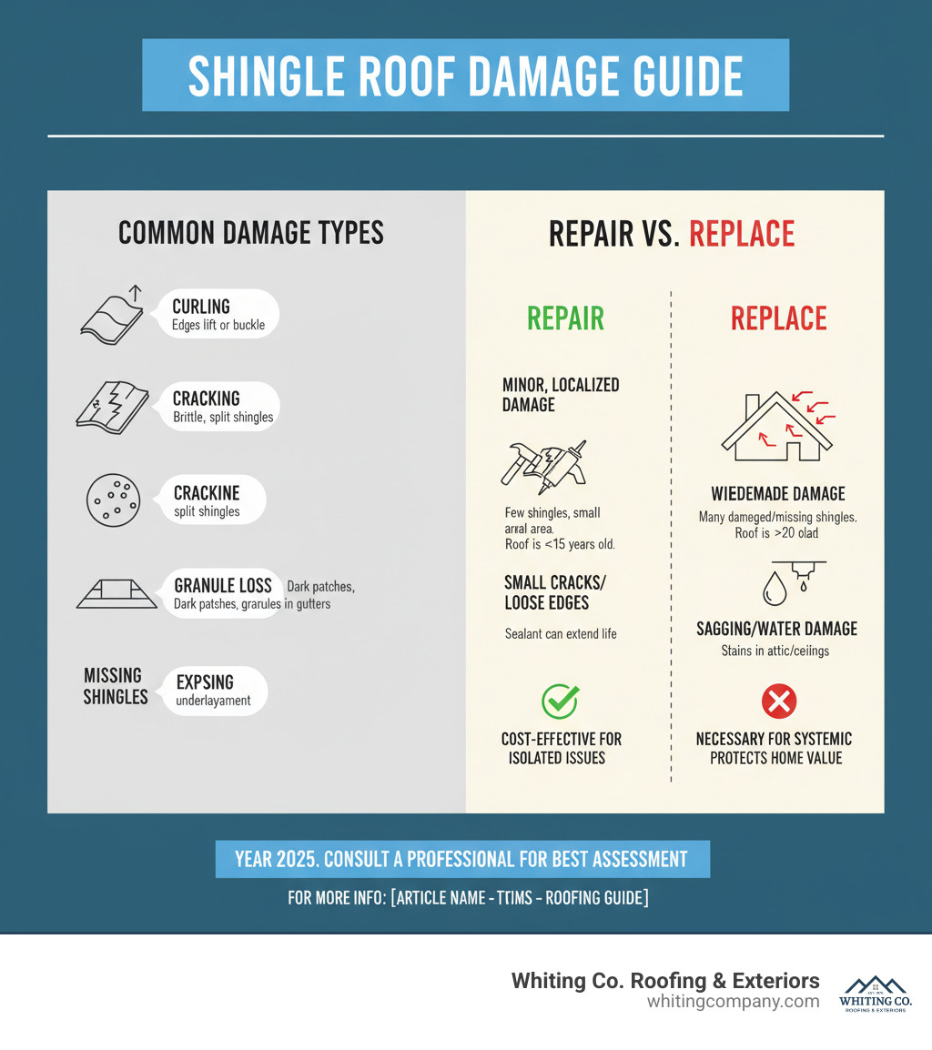 Infographic showing the common types of shingle damage and when to repair versus replace - how to replace a shingle roof infographic 