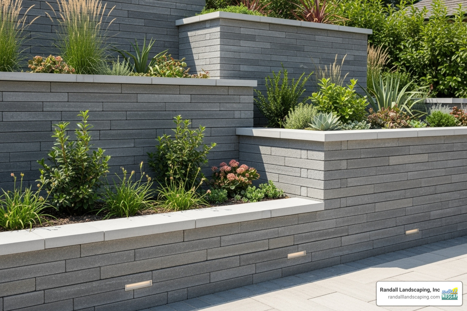 a modern retaining wall with integrated planting beds - hardscaping Dracut MA