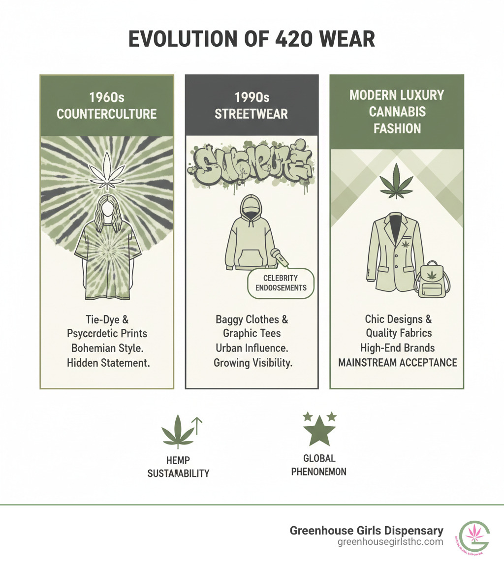 infographic showing evolution of 420 wear from 1960s tie-dye counterculture through 1990s streetwear to modern luxury cannabis fashion with key milestones celebrity endorsements hemp sustainability and mainstream acceptance - 420 wear infographic infographic showing evolution of 420 wear from 1960s tie-dye counterculture through 1990s streetwear to modern luxury cannabis fashion with key milestones celebrity endorsements hemp sustainability and mainstream acceptance - 420 wear infographic
