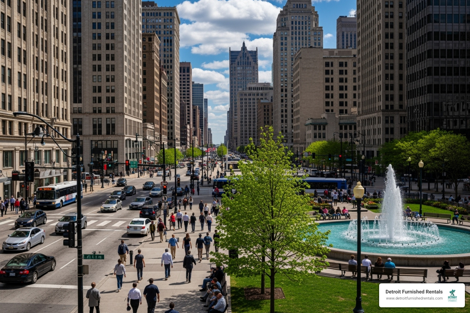A busy street scene in Downtown Detroit, like Campus Martius Park - short term housing Detroit MI