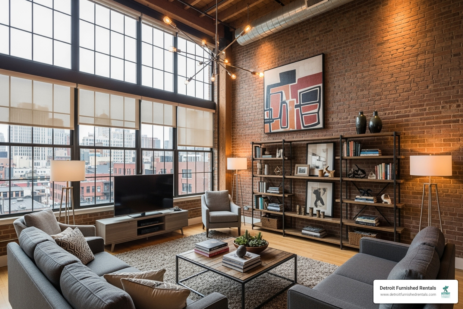 A stylishly furnished Detroit loft apartment living room - short term housing Detroit MI