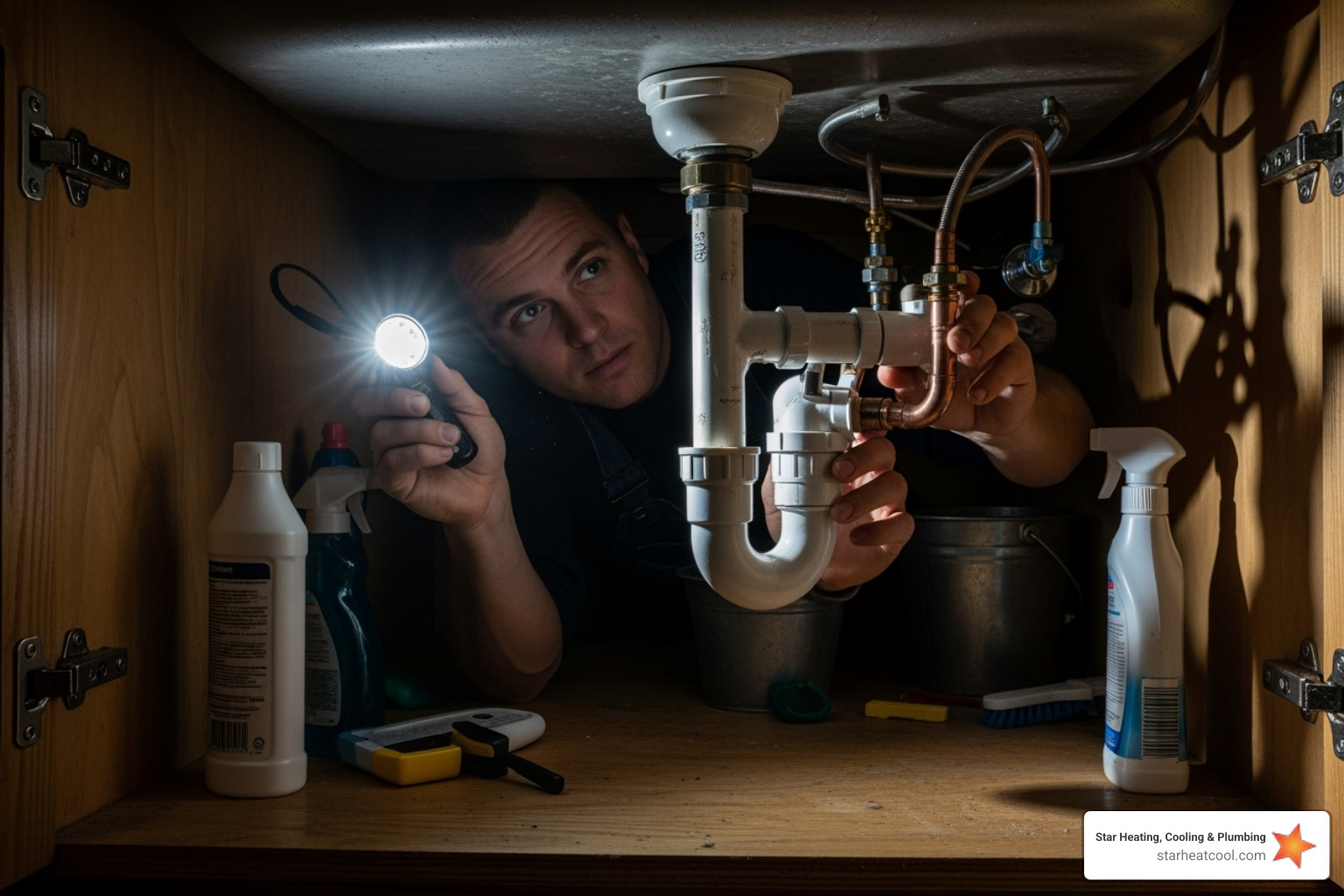 A plumber uses a flashlight to inspect pipes and connections under a kitchen sink, looking for leaks or issues. - affordable plumbing repair in greenwood in A plumber uses a flashlight to inspect pipes and connections under a kitchen sink, looking for leaks or issues. - affordable plumbing repair in greenwood in