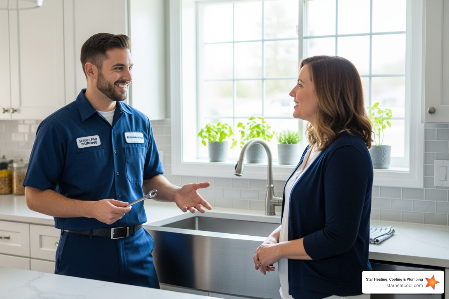 A friendly plumber in uniform is smiling and talking with a homeowner in a clean, modern kitchen setting. - affordable plumbing repair in greenwood in A friendly plumber in uniform is smiling and talking with a homeowner in a clean, modern kitchen setting. - affordable plumbing repair in greenwood in